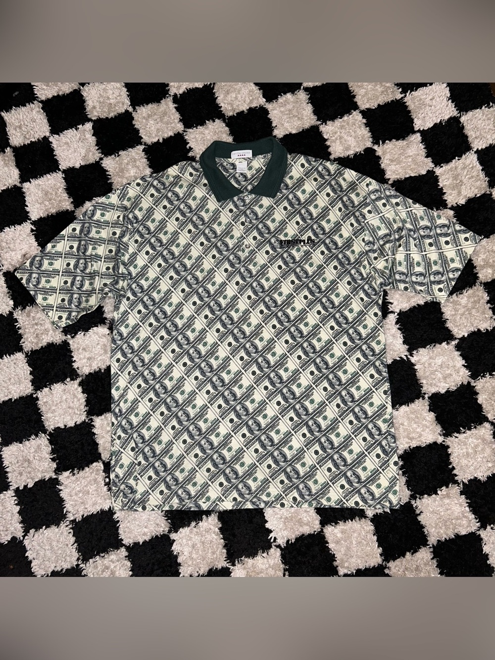 100 Dollar Bill All Over Print Polo Shirt Crystal Springs Vintage Mens XXL Cash
